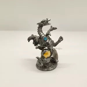 Pewter Dragon Figurine With Brown Glass Marble 3.5" Tall - Picture 1 of 8