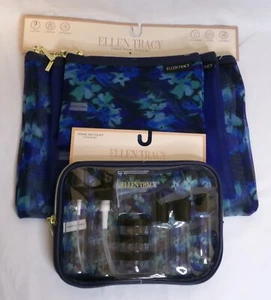 Ellen Tracy 3 pc Mesh Travel Pouch Set + 11 Pc Travel Bottle Kit Blue Floral NEW - Picture 1 of 10