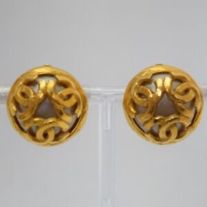 CHANEL Triple Coco Logos Earrings Gold GP Fake pearl 94A Accessory Vintage 1994s