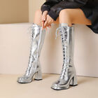 Shiny Dancing Boots Womens Chunky Block Heels Strappy Knee High Boots Zip Bootie