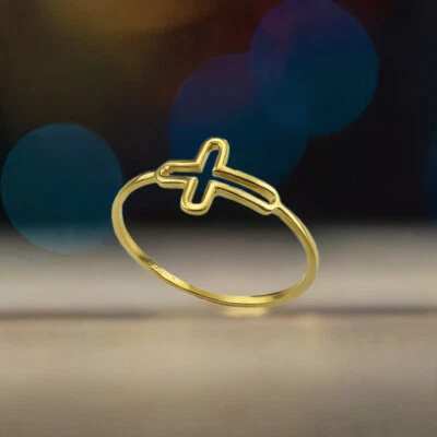 Dainty Gold Open Sideways Cross Women's Ring - Minimalist Design - Image 1 of 4