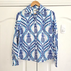 Boden Women's Linen Shirt UK 10 Blue White Pineapple Tropical Multi Geometric - Picture 1 of 9
