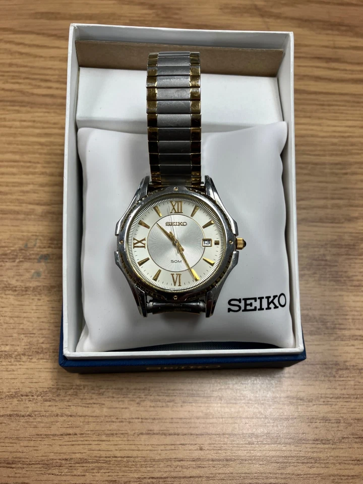 SEIKO KINETIC Men's Quartz Watch Two Tone Bracelet Gold Silver w/Date Foto 1 de 1