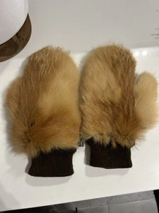 Vintage Leather & Fox Fur Trimmed Brown Gloves Mittens Supersoft Size 7.5 - Picture 1 of 4