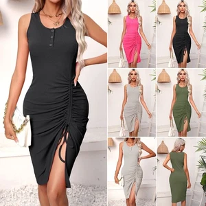 Women's Summer RIBBED Party Stretchy Bodycon Midi Drawstrings Ruched Cami Dress - Picture 1 of 24