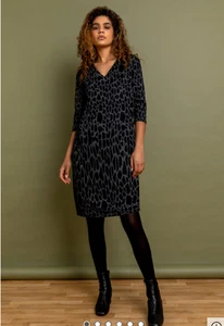 ROMAN Dark Grey Animal Print Jacquard Dress 3/4 Sleeves A Line UK18 E4085 - Picture 1 of 9