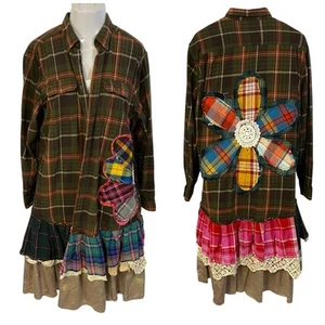 Flannel Shirt Womens 1x Duster Shacket Grunge Festival Cottage Upcycled Art - Picture 1 of 13
