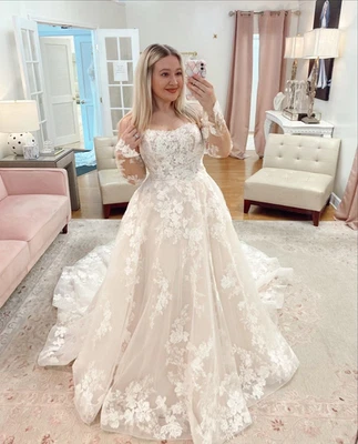 Wedding Dresses Off The Shoulder Long Sleeves Lace Sweep Train Bridal Gown - Image 1 of 3