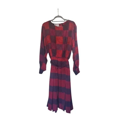 Vintage Silk Studio Floral Plaid Colorblock Red Belted Midi Dress, Size Medium - Image 1 of 4