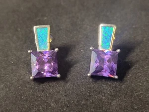 Amethyst Blue Opal Inlay 925 Stud/Post Sterling Silver Earrings Jewelry 1730 - Picture 1 of 6