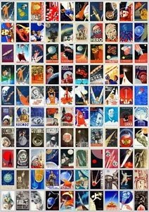 100 Soviet Russia Space Era Posters Reproduction Stickers GAGARIN MOON SPUTNIK - Picture 1 of 1