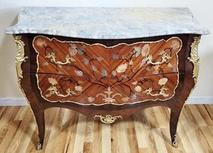 Antique FRENCH Louis XV Style Marquetry Inlaid MARBLE Top COMMODE Dresser CHEST - Picture 1 of 17