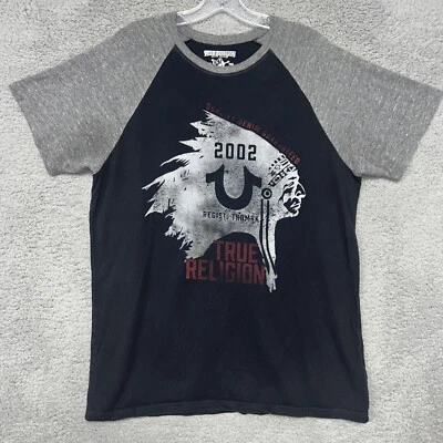 True Religion T Shirt Men's Size L Black Gray Indian Head Chief Raglan Tee - Image 1 of 4