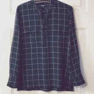 Madewell Silk Sz S Womens Lace - Up Blouse Shirt Navy/White Check 2 Pockets - Picture 1 of 11