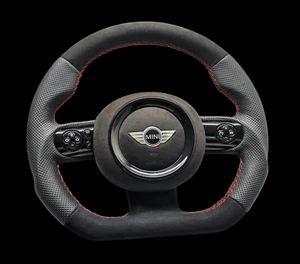 Mini Cooper Lenkung Rad Flach Alcantara Jcw Maßgefertigt R50 R52 R53 Rot Naht - Bild 1 von 5