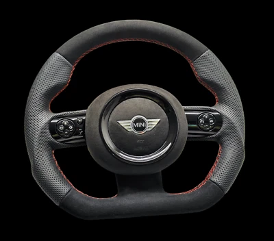 Mini Cooper Lenkung Rad Flach Alcantara Jcw Maßgefertigt R50 R52 R53 Rot Naht - Bild 1 von 4
