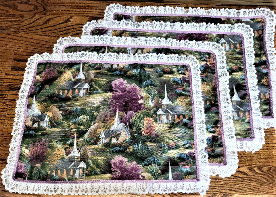 *NEW* Hand Sewn Mauve "Autumn Village Scene" Placemats/Set of 4-w/lace 19" X 14" - Image 1 of 1