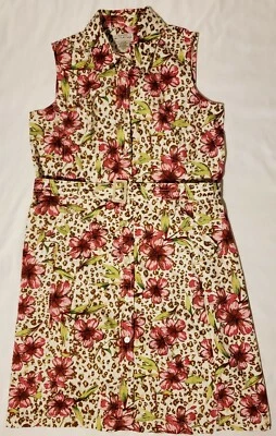White Stag Button Front Sleeveless Leopard Floral Shirt Dress Ladies 12 Belted  - Image 1 of 4