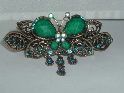 VINTAGE TEAL GREEN BUTTERFLY RHINESTONE ACCENT METAL HAIR BARRETTE ACCESSORY - Image 1 of 3
