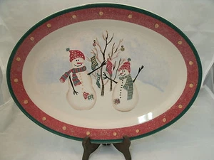 Royal Seasons RN2 SNOWMAN 14" x 10" Oval Serving Platter Christmas Red Rim EUC - Picture 1 of 4