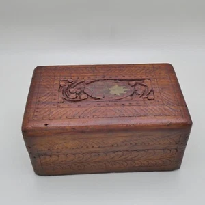 Vintage Flower Inlay Jewelry Trinket Box Carved Wood Hinged Lid Lined 5"x3" - Picture 1 of 17