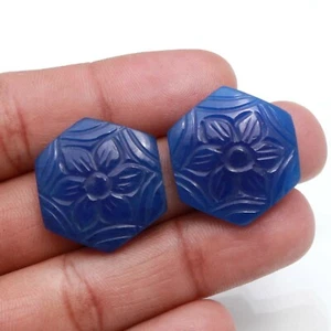 Matching Pair Blue Lapis Lazuli Carve Hexagon Shape Loose Gemstone 39 Carat - Picture 1 of 3