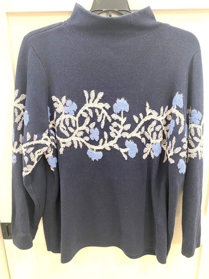 J.Jill Embroidered Flowering Vine Sweater Navy Pullover Cotton Blend Size XL - Image 1 of 4