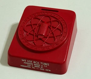 "We Use RCA Tubes" 1960s Red Plastic Coin Bank, Johnson Radio & TV Scranton PA - Picture 1 of 9