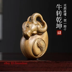 5*3.2*6.3cm Hand Carved Green Sandalwood Netsuke:Zodiac Bull 牛转乾坤 - Picture 1 of 6