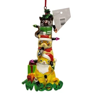 Gatos apilados adorno de Navidad maullido regalos luces brillo decoración navideña - Imagen 1 de 5