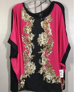 NWT JM Collection Women's Vibrant Pink , Black & Animal Print Blouse Size XXL-2X - Picture 1 of 6