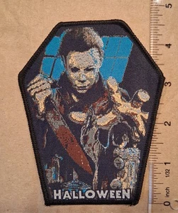 Halloween Michael Myers Coffin Shaped Woven Patch Black Border - Picture 1 of 1