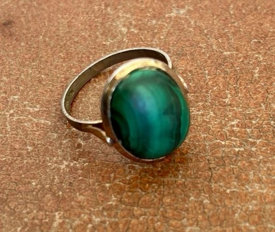 ANCIENNE BAGUE ARGENT 800 VERMEIL Cabochon Malachite T59 - Photo 1/4