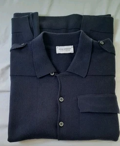 Unusual Men's John Smedley Navy Blue Short Sleeve Medium Shirt With Epaulettes - Picture 1 of 12