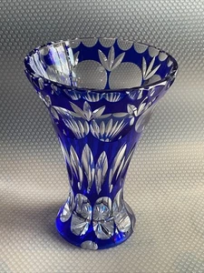 Vintage Bohemian Blue 7” Vase Czech BLUE Cut to Clear Glass ,tiny Base Chip, - Picture 1 of 24