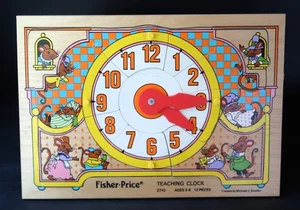 Vtg '80s Fisher Price Wooden Teaching Clock Puzzle 12 Pieces Educational Early - Picture 1 of 12