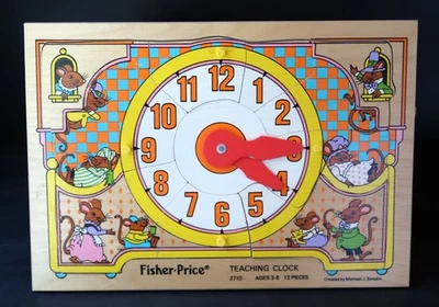 Vtg '80s Fisher Price Wooden Teaching Clock Puzzle 12 Pieces Educational Early - Image 1 of 4