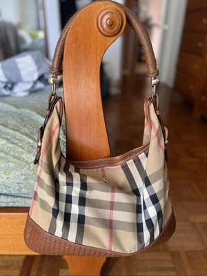 BURBERRY Haymarket Check Brooklyn Hobo Bag Canvas Leather Shoulder  - Image 1 of 4