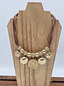 Chico’s Brown Woven Cord Necklace Matte Gold Beads Hammered Textured Charms 16" - Picture 1 of 10