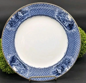 Antique Samuel Ford Lincoln Pottery Village Scenes pattern dinner plate Blue 10" - Picture 1 of 9