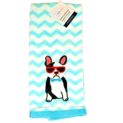 Toalla de mano Bulldog Francés bordada blanca azul Chevron perro baño cocina NUEVO Foto 1 de 2