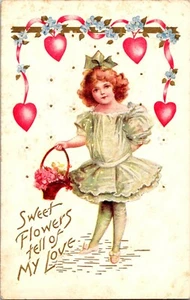 Vintage Postcard Valentine Greetings Girl Hearts - Bild 1 von 2