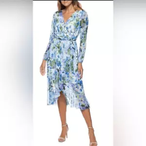 Marina NEW FLORAL LONG SLEEVE FAUX WRAP DRESS Size 14 women’s Colorful - Picture 1 of 9