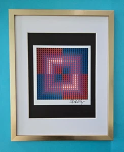 VICTOR VASARELY + SIGNED GEOMETRIC ABSTRACT PRINT FROM 1970s NEW FRAME 14x11in. - Picture 1 of 3