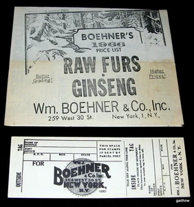 BOEHNER'S 1966 RAW FURS & GINSENG BUYING PRICE LIST & SHIPPING TAG NEW YORK CITY - Picture 1 of 2