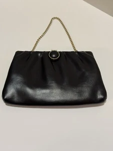 Vintage 1960’s Black Faux Leather Evening Clutch Bag Gold Chain Rockabilly - Picture 1 of 9
