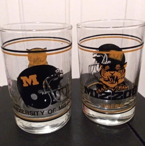 RARE Pair of Vintage University Of Missouri Mizzou Tigers Drinking Glasses Cover