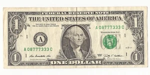 $1 Dollar Bill, Fancy Serial Number #08777333 Series 2009 - Picture 1 of 2