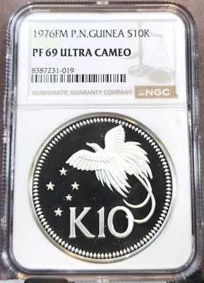 1976 PAPUA NEW GUINEA SILVER 10 KINA BIRD OF PARADISE NGC PF 69 ULTRA CAMEO GEM - Image 1 of 3