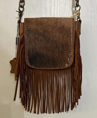 Montana West Hair On Genuine Leather w/ Fringe Crossbody Bag/Purse Light Brown - Image 1 of 4